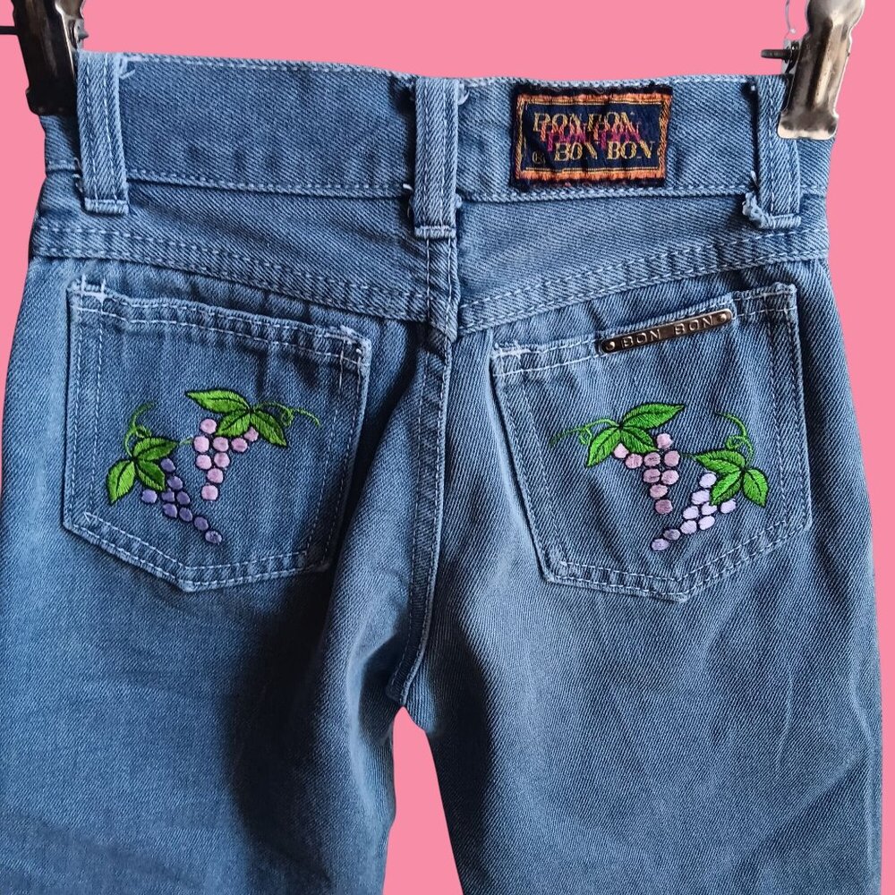 5 20x19 Vintage 1980's Jeans Girls DENIM HIPPIE DISCO GRAPES BON BON EMBROIDERD